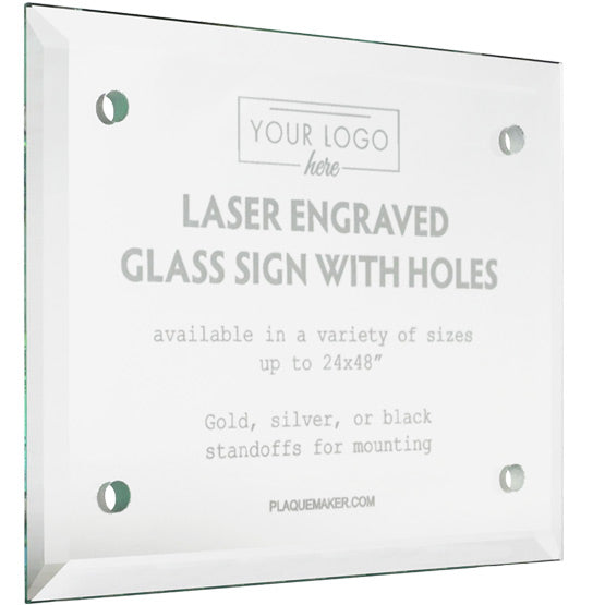 Rectangle Glass Sign With Faceted Edges And Holes And Engraved To Show Customization Options And Areas For Text And Art