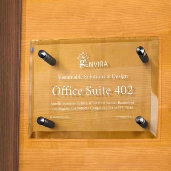 Custom Glass Sign Engraved With Sample Logo And Office Suite Details Mounted Onto An Office Wall Via 4 Silver Standoffs 