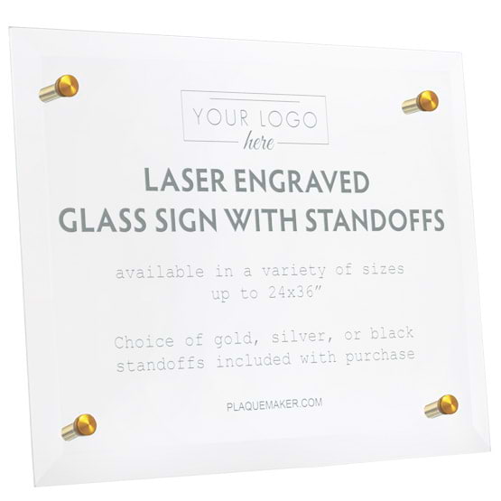 Rectangle Glass Sign With 4 Gold Standoffs And Sample Frosted Engravings To Show Customizable Options And Areas