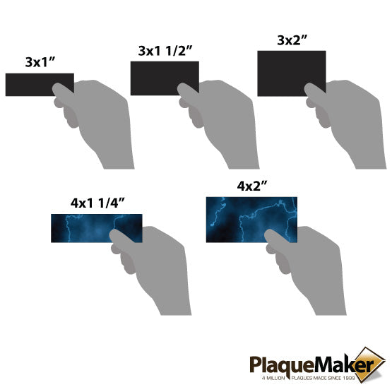 Size Guide With Blank Hands Holding Black And Blue Marble Options For Custom Laser Engraved Aluminum Labels