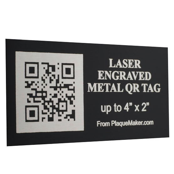 Custom Black And Silver Aluminum QR Tag Laser Engraved With Sample QR Code And Showing Customization Options And Areas