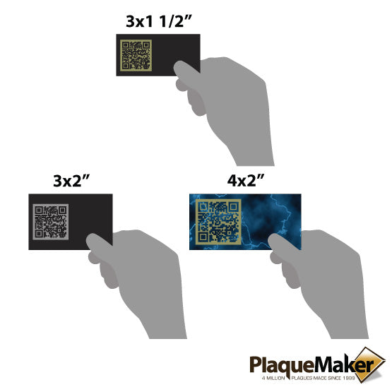 Size Guide With Blank Hands Holding Black With Silver And Black With Gold And Blue Marble Laser Engraved Aluminum QR Tags