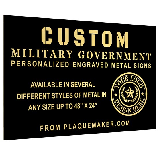 A custom black metal signs with personalized gold engraved text and placeholder artwork, set at a slight angle and displayed on a white background.