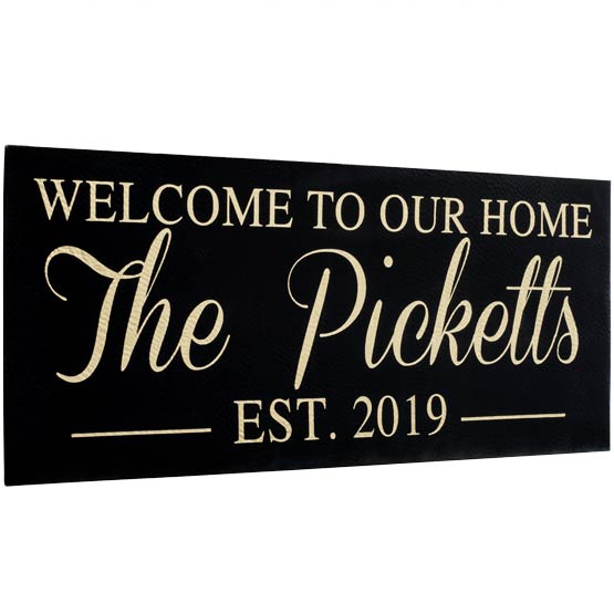 Custom Black And Gold Faux Leather Sign Laser Engraved With Welcome To Our Home And Family Name And Established Date