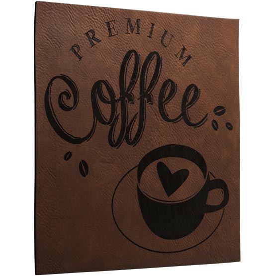 Custom Dark Brown And Black Faux Leather Sign Laser Engraved With Premium Coffee Text And Coffee Mug Logo Art