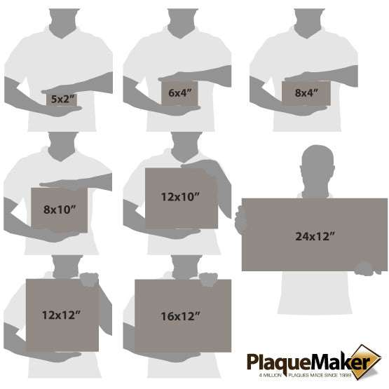 Size Guide With Blank Figures Holding Different Sizes Of Engraved Gray And Black Faux Leather Sign Showing Measurements