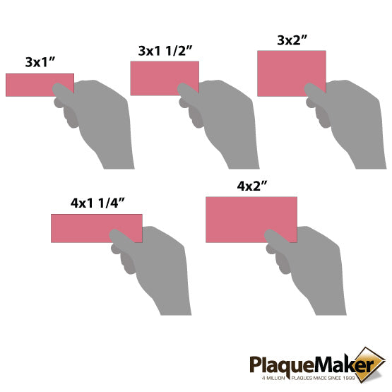 Size Guide With Blank Hands Holding Different Sizes Of Laser Engraved Pink And Black Faux Leather Label Showing Measurements