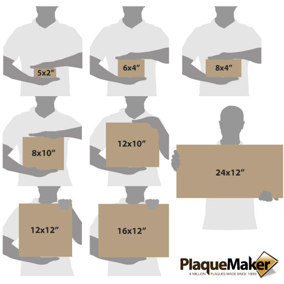 Size Guide With Blank Figure Holding Different Sizes Of Engraved Light Brown And Black Faux Leather Sign Showing Measurements