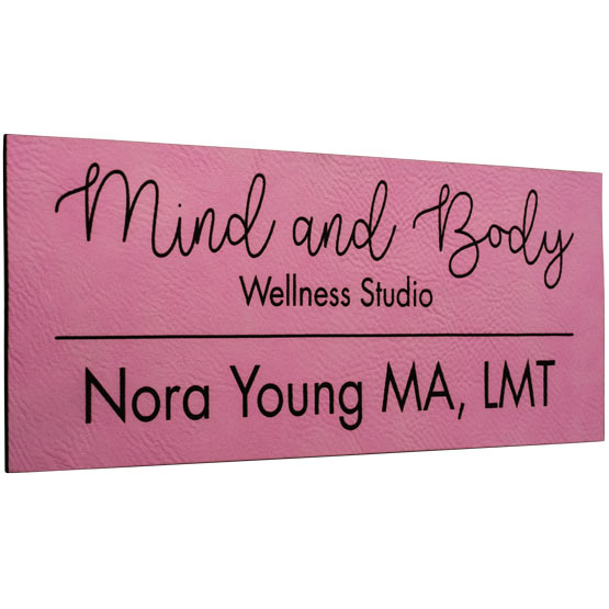 Custom Pink And Black Faux Leather Sign Laser Engraved With Mind And Body Wellness Studio Logo And Location Text