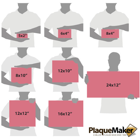 Size Guide With Blank Figures Holding Different Sizes Of Engraved Pink And Black Faux Leather Sign Showing Measurements