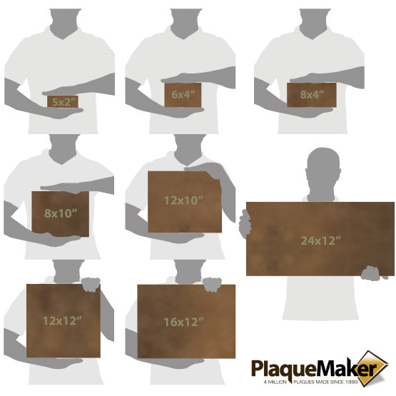 Size Guide With Blank Figures Holding Different Sizes Of Engraved Rustic And Gold Faux Leather Sign Showing Measurements