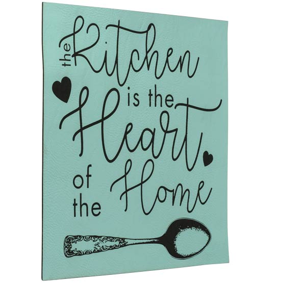 Teal And Black Faux Leather Sign Laser Engraved With The Kitchen Is The Heart Of The Home Text And Hearts And Spoon Art