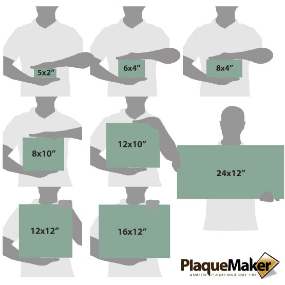 Size Guide With Blank Figures Holding Different Sizes Of Engraved Teal And Black Faux Leather Sign Showing Measurements