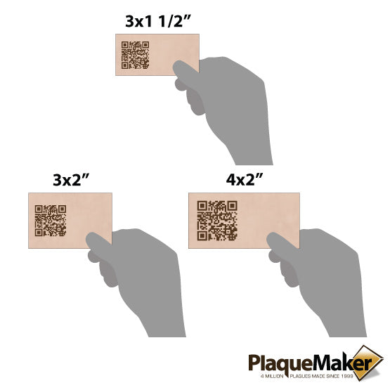 Size Guide With Blank Hands Holding Different Sizes Of Custom Rectangle Leather QR Tag And Showing Measurements