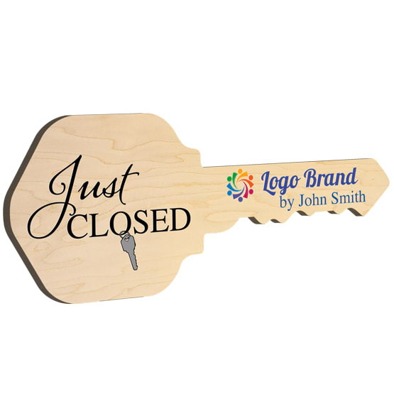 House Key Shaped Maple Wood Sign Color Printed With Just Closed Message And Sample Name And Logo Against White Background