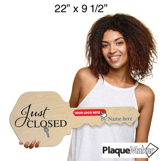 Size Guide With Happy Woman Holding House Key Shaped Maple Wood Sign Printed With Just Closed Text And Sample Logo Area