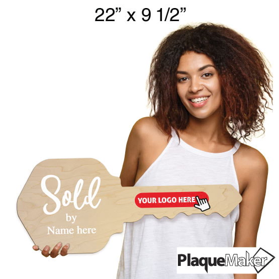 Size Guide With Happy Woman Holding House Key Shaped Maple Wood Sign Printed With Sold By Text And Showing Customizable Areas