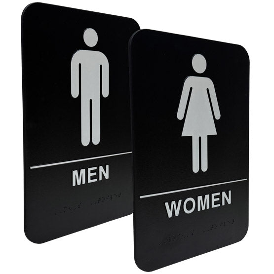 Set Of Two Plastic Black And White Signs For Men And Women Restrooms With Corresponding Icons And Text And Braille