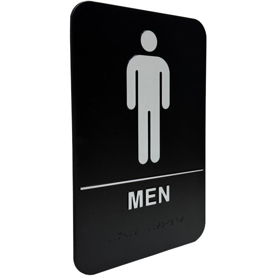 Custom Black And White Plastic Sign With Rounded Corners And Man Icon With Men Text And Corresponding Braille