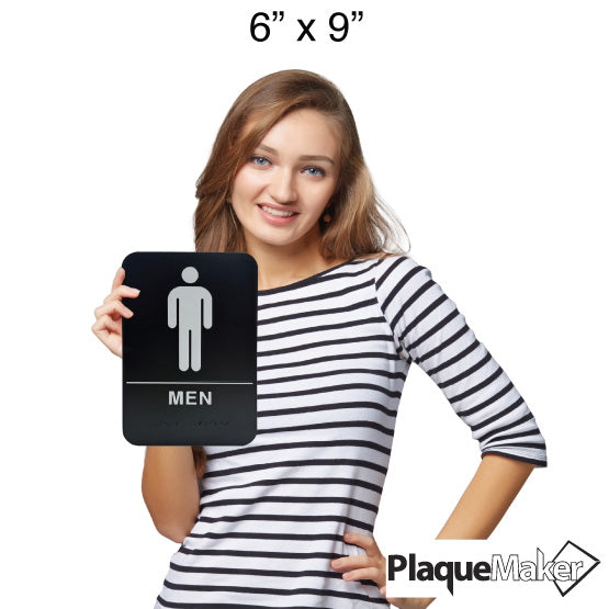 Size Guide Of Woman Holding Black And White Plastic Sign With Rounded Corners And Men Icon And Text And Braille