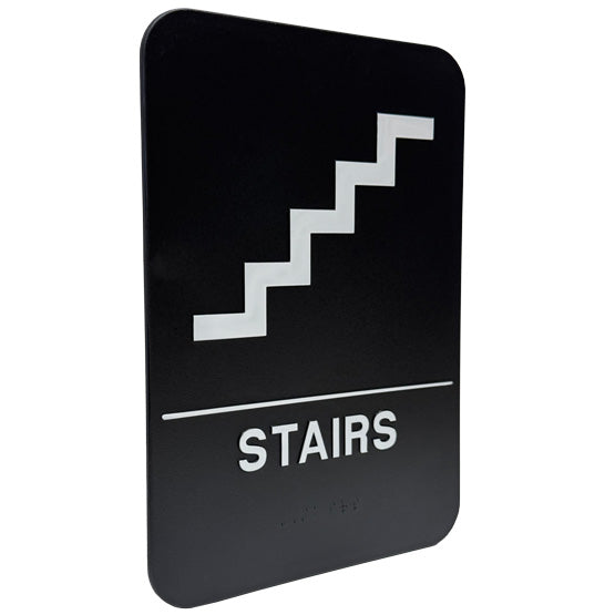 Custom Black And White Plastic Sign With Rounded Corners And Stairs Icon Above Corresponding Text And Braille