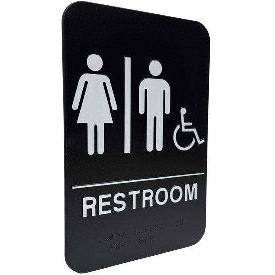 Custom Black And White Plastic Sign With Man And Woman And Wheelchair Icons Above Restroom Text And Braille