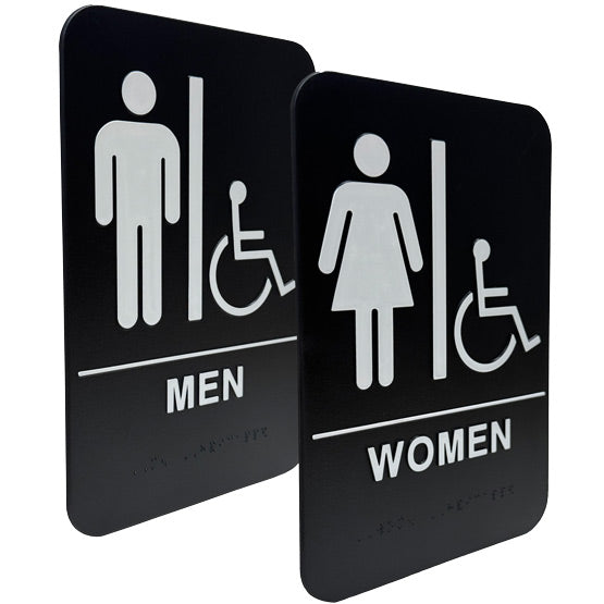 Black And White Plastic Signs For Men And Women’s Restrooms With Wheelchair Access Featuring Icons And Text And Braille