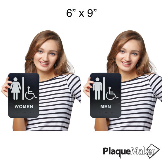 Size Guide Of Woman Holding 6 By 9 Black And White Plastic Signs For Men And Women’s Restrooms With Wheelchair Access