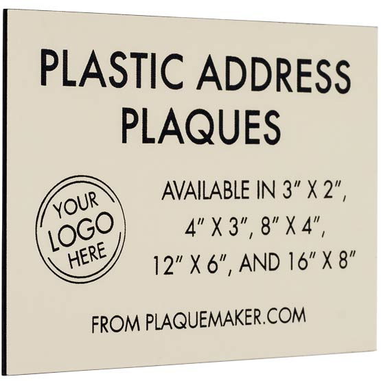 Almond Plastic Address Sign Laser Engraved To Show Customization Options And Areas For Text And Art Against White Background