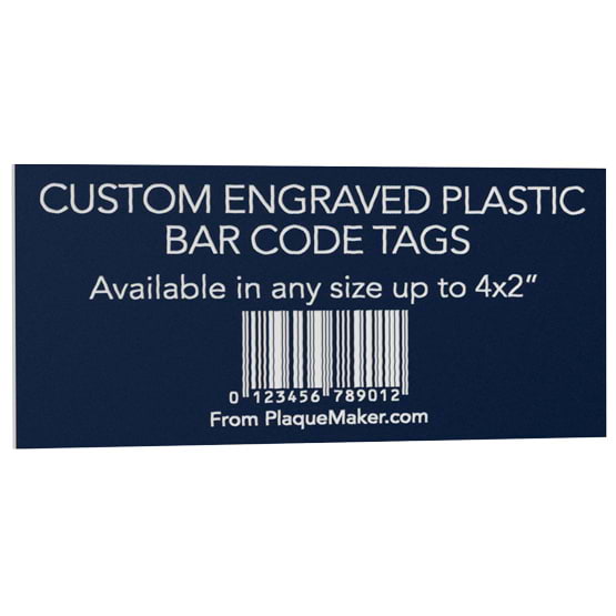 Blue Plastic Bar Code Tag With White Engravings Showing Customization Options And Areas With Sample Barcode