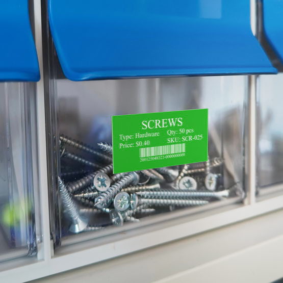 Green Plastic Bar Code Tag Engraved With Hardware Screws Details And Barcode Mounted Onto Plastic Bin Of Screws With Blue Lid