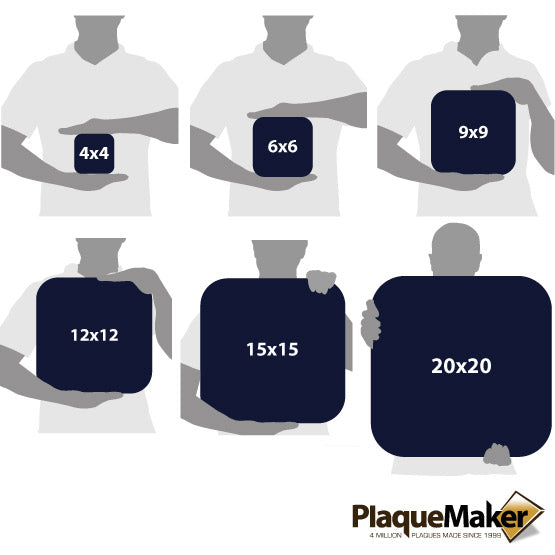 Size Guide With Blank Figures Holding Different Sizes Of Custom Blue Plastic Facebook Sign Against White Background