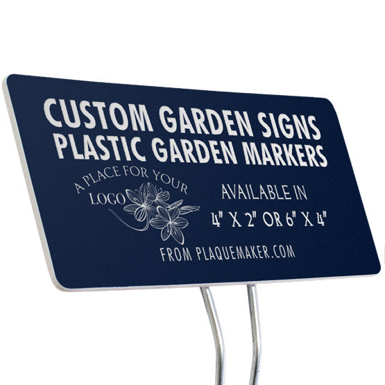 A custom plastic garden sign on a metal stake, featuring a navy blue plastic with white engraved text and placeholder floral artwork, shown on a plain white background.