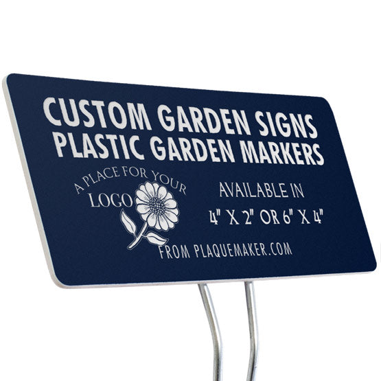 A custom plastic garden sign on a metal stake, featuring a navy blue plastic with white engraved text and placeholder floral artwork, shown on a plain white background.
