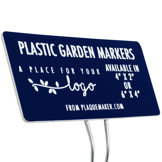 Blue Plastic Garden Sign Laser Engraved To Show Customization Options And Areas For Text And Art Standing Via Metal Stake