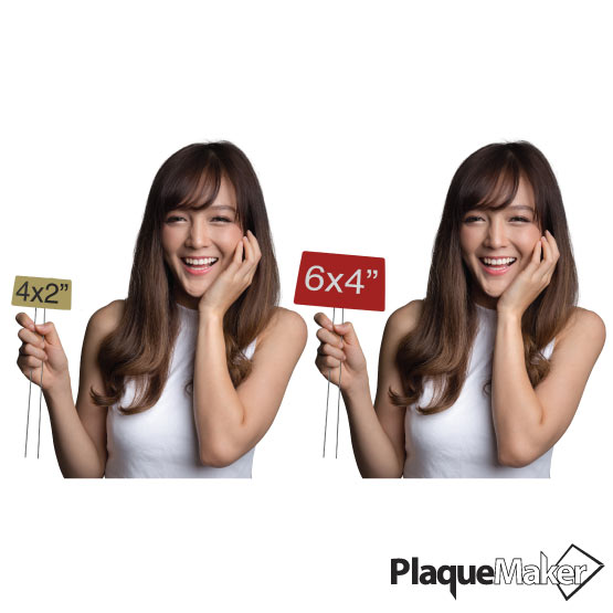 Size Guide With Happy Woman Holding Different Sizes And Color Options For Custom Plastic Garden Sign With Metal Garden Stake