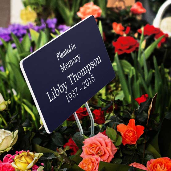 A navy blue plastic garden sign on a metal stake with white text engraved on the front reading ‘Planted in Memory Libby Thompson’, surrounded by colorful flowers.