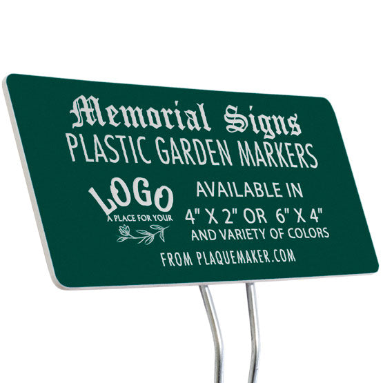 A custom evergreen plastic garden sign with personalized engraved text and placeholder artwork, set at slight angle and displayed on a white background.