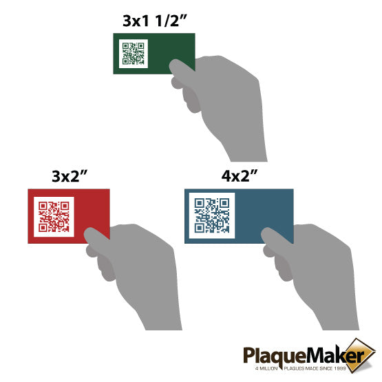 Size Guide With Blank Hands Holding Different Sizes And Color Options For Custom Plastic QR Tag Against White Background