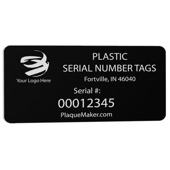 Black Plastic Serial Number Tag With White Engravings Showing Customizable Areas And Samples For Text And Logo