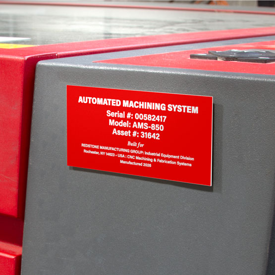 Custom Red Plastic Tag Engraved With Serial Number And Company Details For Automated Machining System Mounted On Equipment
