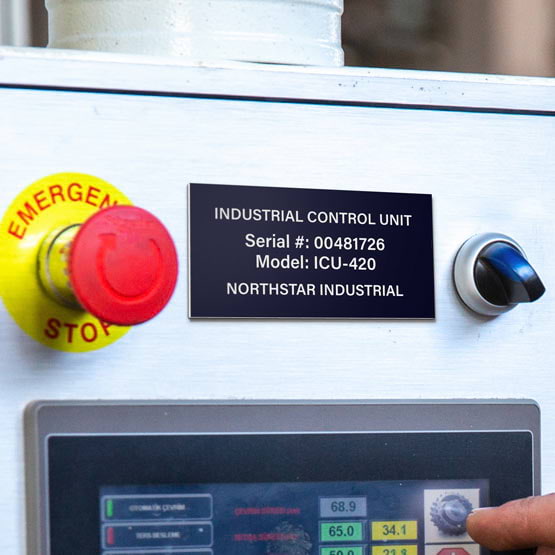 Custom Blue Plastic Tag Engraved With Serial Number For Control Unit Mounted Above Touch Screen On Equipment