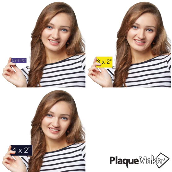 Size Guide Of Happy Woman Holding Up Custom Plastic Serial Number Tag In Three Different Colors And Sizes Up To 4 By 2 Inches