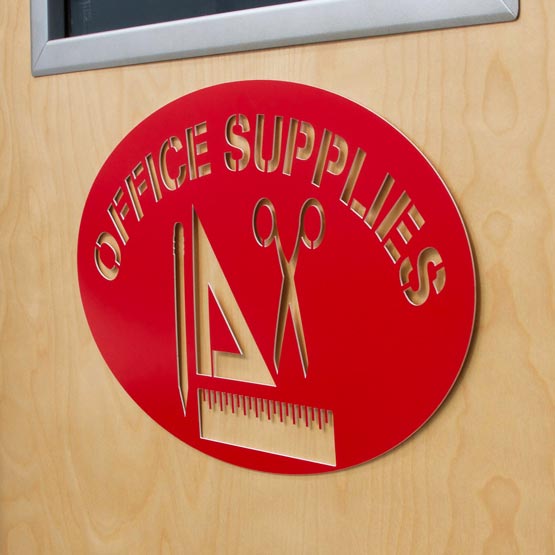 Custom Red Plastic Stencil Sign With Oval Shape And Office Supplies Text And Supplies Art Mounted On Wood Door