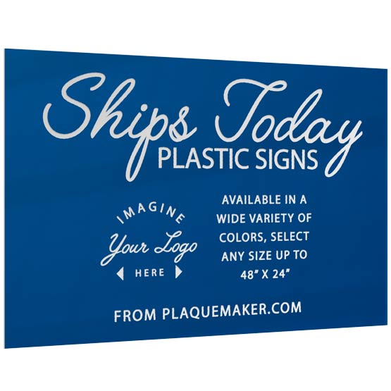 Custom Blue Plastic Ships Today Sign Laser Engraved To Show Customization Options And Areas For Text And Art