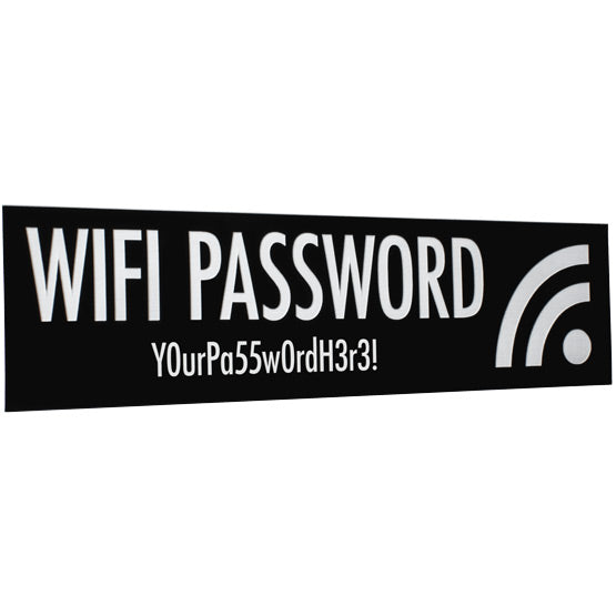 Custom Black And White Plastic WiFi Sign Laser Engraved With WiFi Password Details And WiFi Icon Against White Background