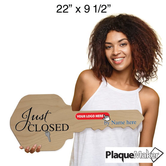 Size Guide With Happy Woman Holding House Key Shaped Maple Wood Sign Printed With Just Closed Text And Sample Logo Area