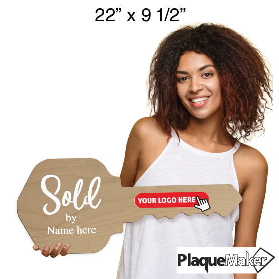 Size Guide With Woman Holding House Key Shaped Red Alder Wood Sign Printed With Sold By Text And Showing Customizable Areas
