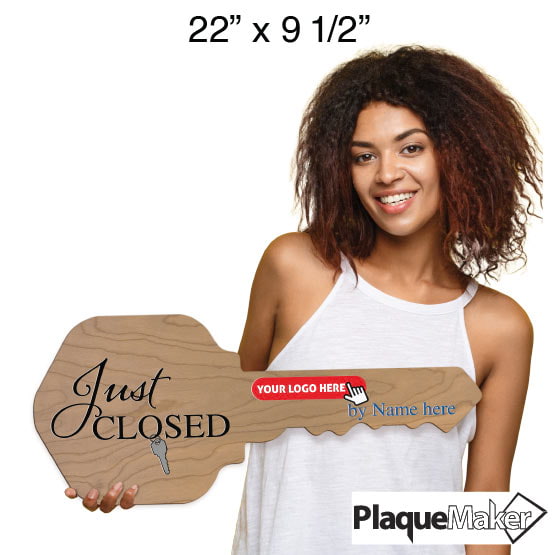Size Guide With Happy Woman Holding House Key Shaped Maple Wood Sign Printed With Just Closed Text And Sample Logo Area