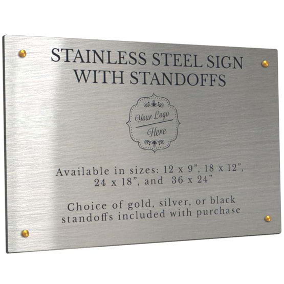 Stainless Steel Sign With 4 Gold Standoffs And Laser Fused To Show Customization Options And Areas Against White Background